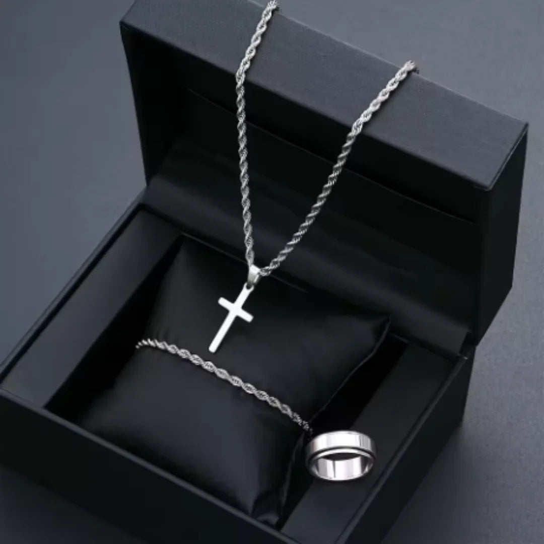 3PCSUnisex Minimalist Jewelry Set, Featuring A Fashionable Silver Cross Pendant, Twisted Rope Necklace, Bracelet, And Ring