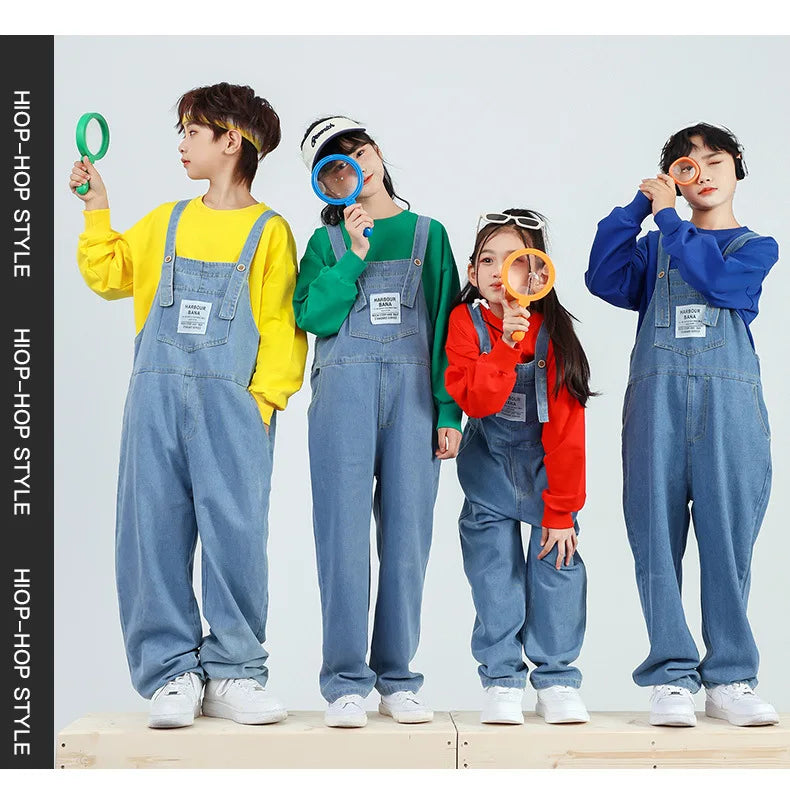 Boys Hip Hop Solid Sweatshirt Denim Loose Overalls Girls Crop Top Kids Dungaree Child Jumpsuit Street Dance Romper Streetwear