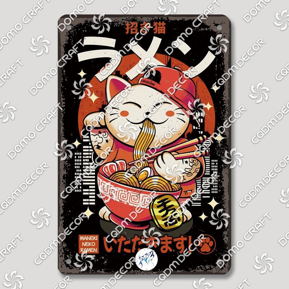 Cartoon Cat Japanese Food Plaque Tin Sign Retro Ramen Sushi Takoyaki Poster Metal Plates Bar Pub Restaurant Kitchen Wall Decor
