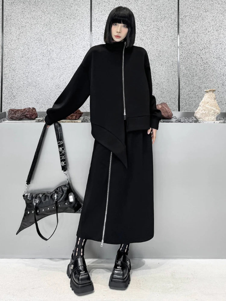 [EAM] Zipper Sweatshirt Half-body Skirt Two Pieces Suit New Turtleneck Long Sleeve Women Fashion Tide Spring Autumn 2026 1DH7237