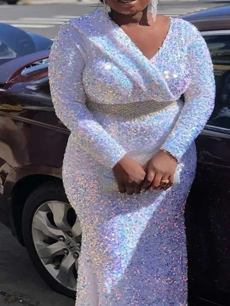 Woman Clothts Long Sleeve Maxi Dress High Waist New Year Luxury Sequined Party Sparkly Dresses V Neck Elegant Evening Dresses