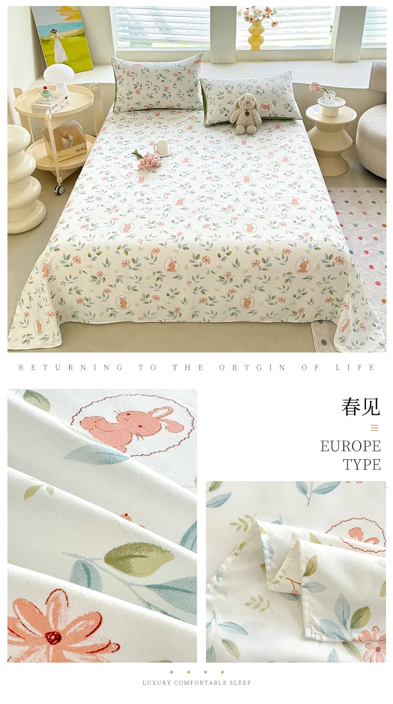 1pc Washed Cotton Flat Bed Sheets Single/Queen/King Size Bed Cover for Double Bed Flower Printed Soft Bed Sheets Top Sheets Set