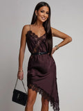 Women Dark Brown Satin Lace Slip Dress Spaghetti Strap V-Neck