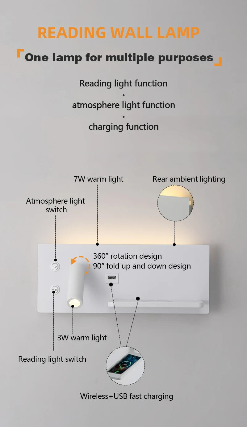 Multi Functional Wall lamp with Mobile phone Wireless charger switch USB interface Bedroom Night light LED Reading wall light