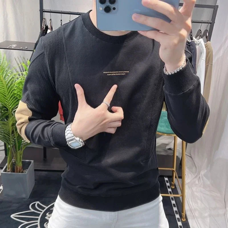 Slim Fit Black Hoodieless Sweatshirt for Men Round Neck Pullover White Male Clothes Crewneck Emo High Quality S Luxury Cheap Top