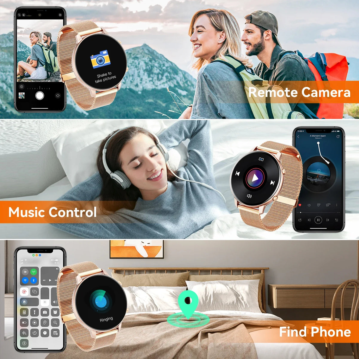 Women Rose Gold Smart Watch 1.39" Round Screen Bluetooth