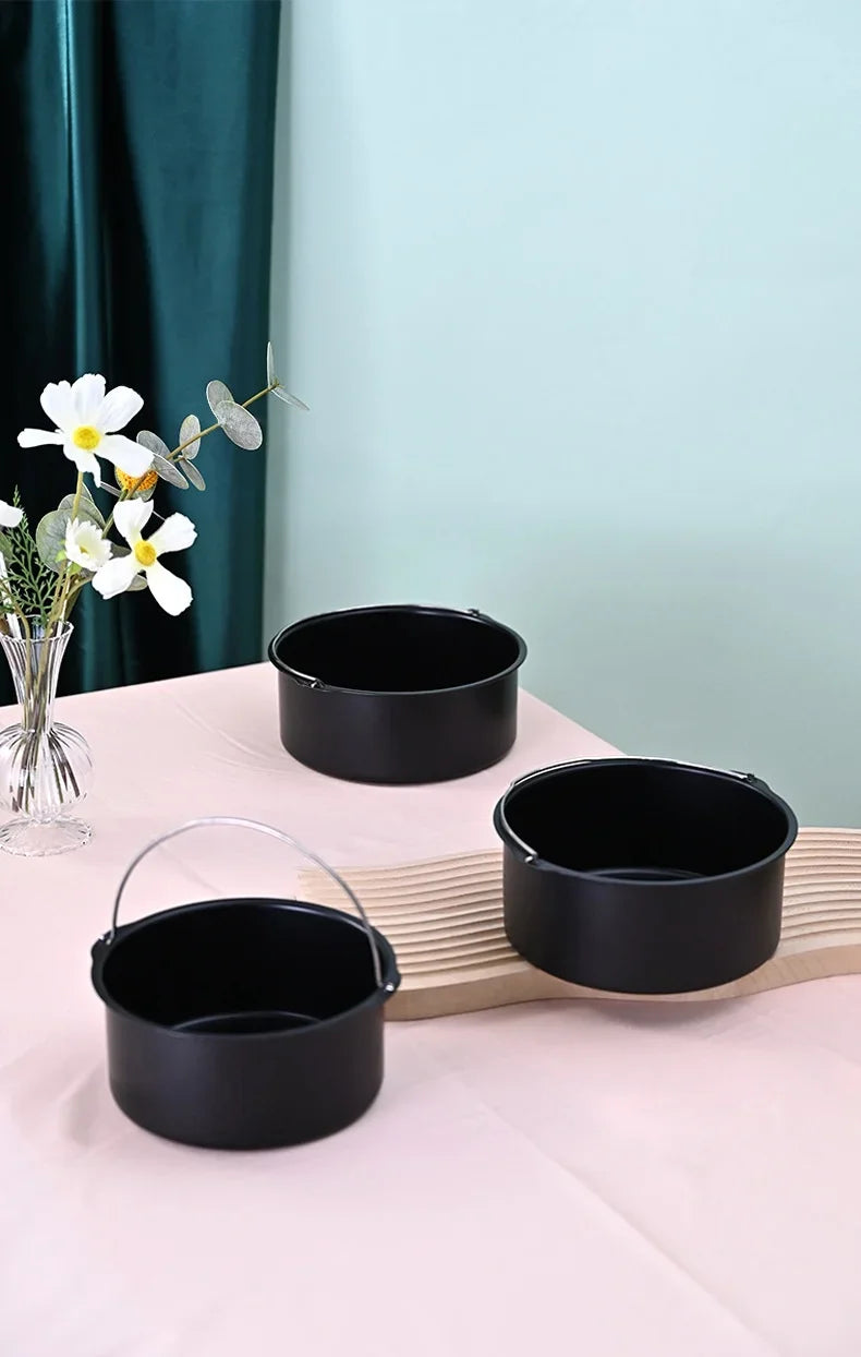 8-inch Round Hand-Held Nonstick Thickening Carbon Steel Air Fryer Cake Basket Baking Mold Barrel Household Baking Accessories