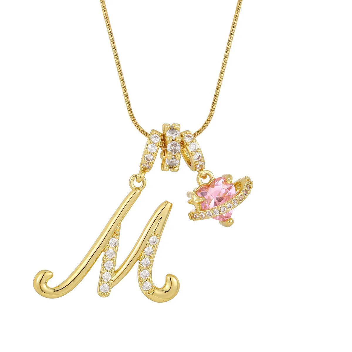 Pink Zircon Heart Letter Necklace, Gold Plated