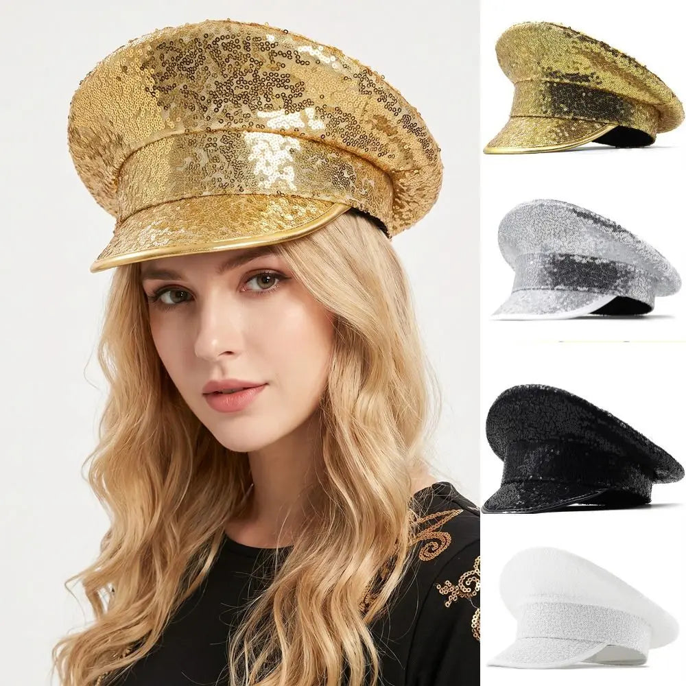 Dance Props PU Leather Sequin Flat Top Hat Shiny Y2K Hats
