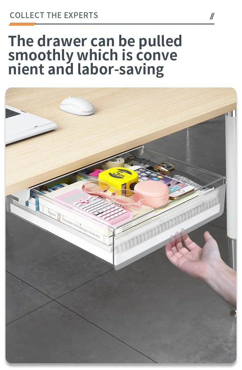 Transparent Under Desk Drawer Self Stick Hidden Storage Tray Quiet Pull Out Desk Organizer Accessory