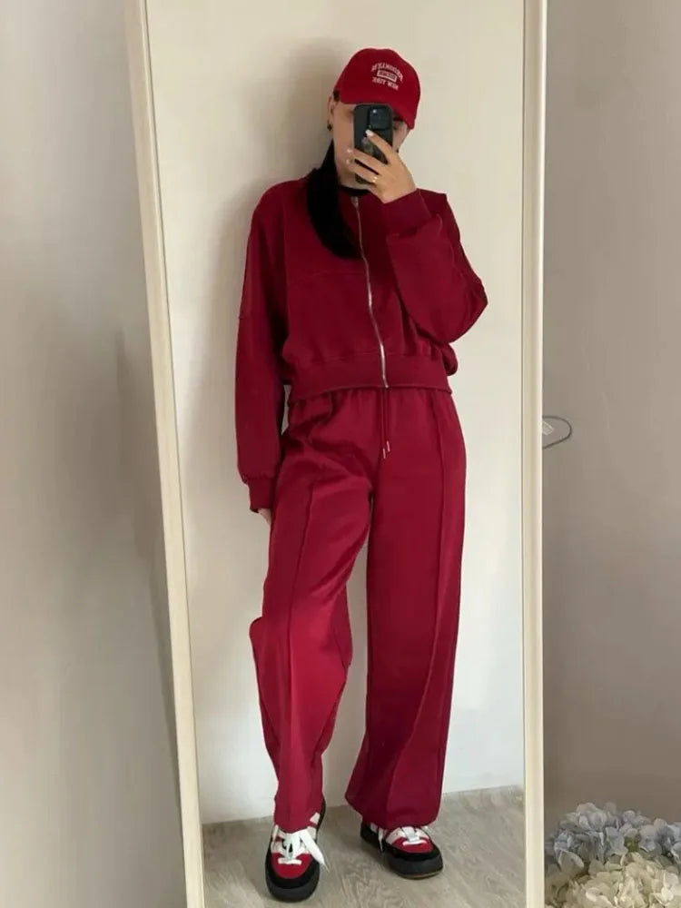 Gray Straight Pants Two Pieces Sets Women Outfit Long Sweatpants Street Wear Zipper Jacket Track Suits Sweatshirt Sets For Women