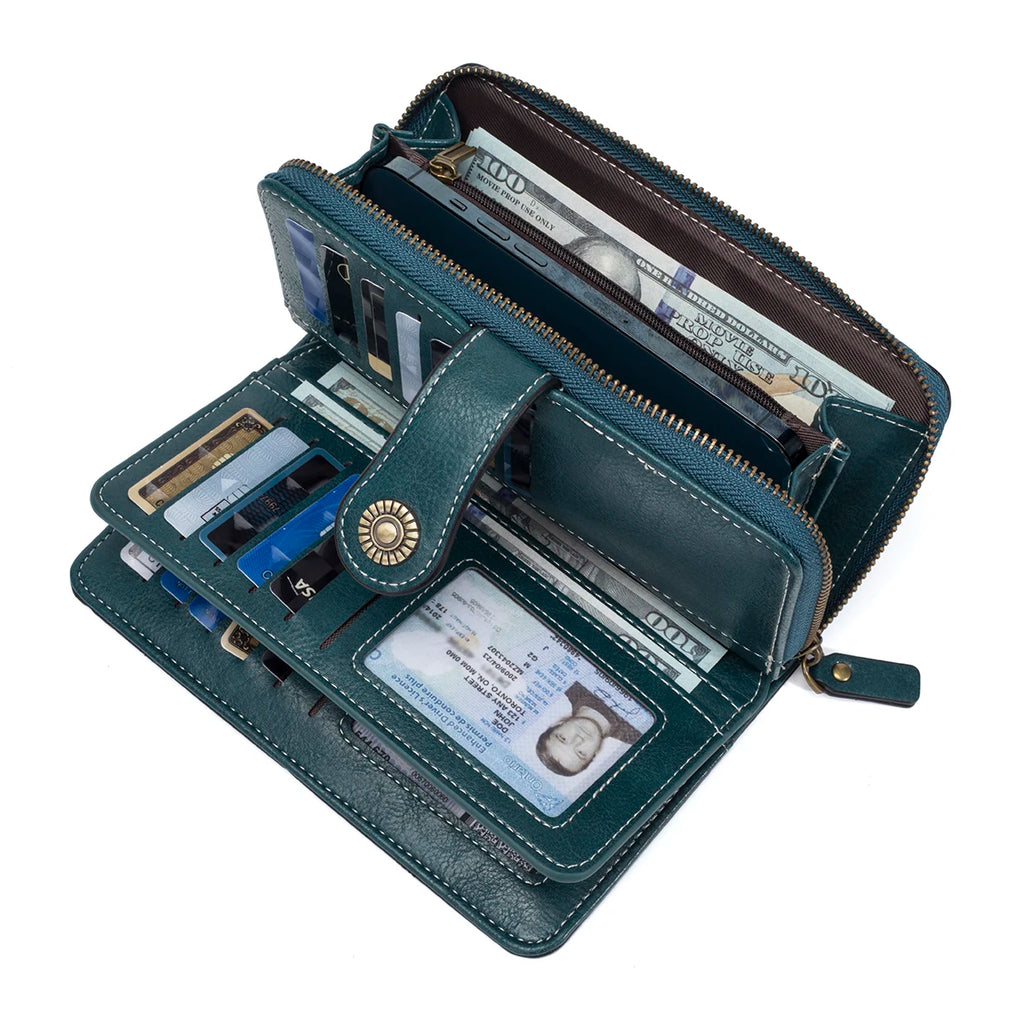 Rfid Anti-Theft Wallet for Men and Women, European and American Retro Leather Long Wallet Clutch, Oil-Waxed Leather Hollow-Out Multi-Card Slot Wallet, Large Capacity Zipper 70% off Clutch Bag, Card Holder Coin Purse Wallet Ha