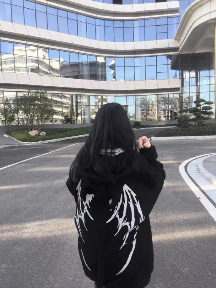 Japanese Zip Up Devil Horns Hoodies Women Harajuku Punk Gothic Sweatshirt Fairy Grunge Jacket Coat Streetwear Alt Emo Clothes