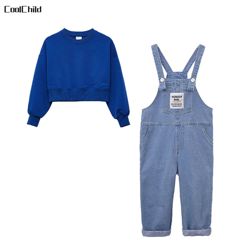 Boys Hip Hop Solid Sweatshirt Denim Loose Overalls Girls Crop Top Kids Dungaree Child Jumpsuit Street Dance Romper Streetwear