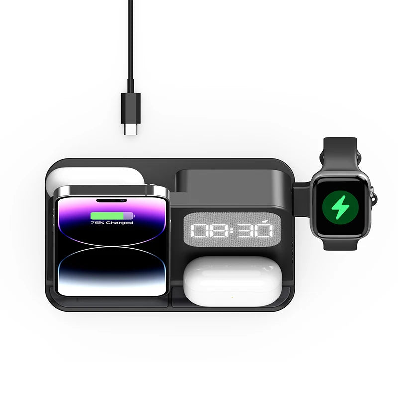 Clock, desktop, mobile phone, headphones, watch, wireless charger, both entertainment and charging not wrong