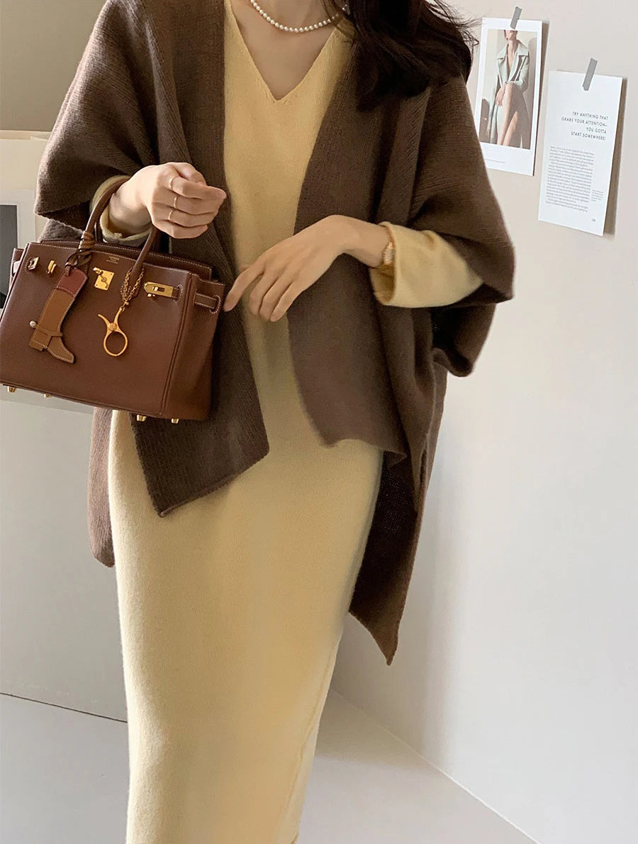 Korean Style Knitted Shawl Jacket Women's Casual Warm Knitted Cardigan Cloak Elegant Solid Color Women's Knitted Cardigan