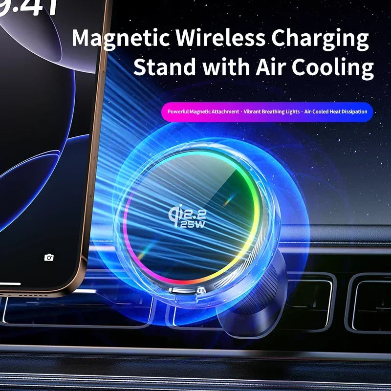 qi2.2 Car 25W Magnetic Wireless Charger Air Cooling RGB Light  Phone Holder For Magsafe iPhone 17 16 15 14 13 12 Fast Charging
