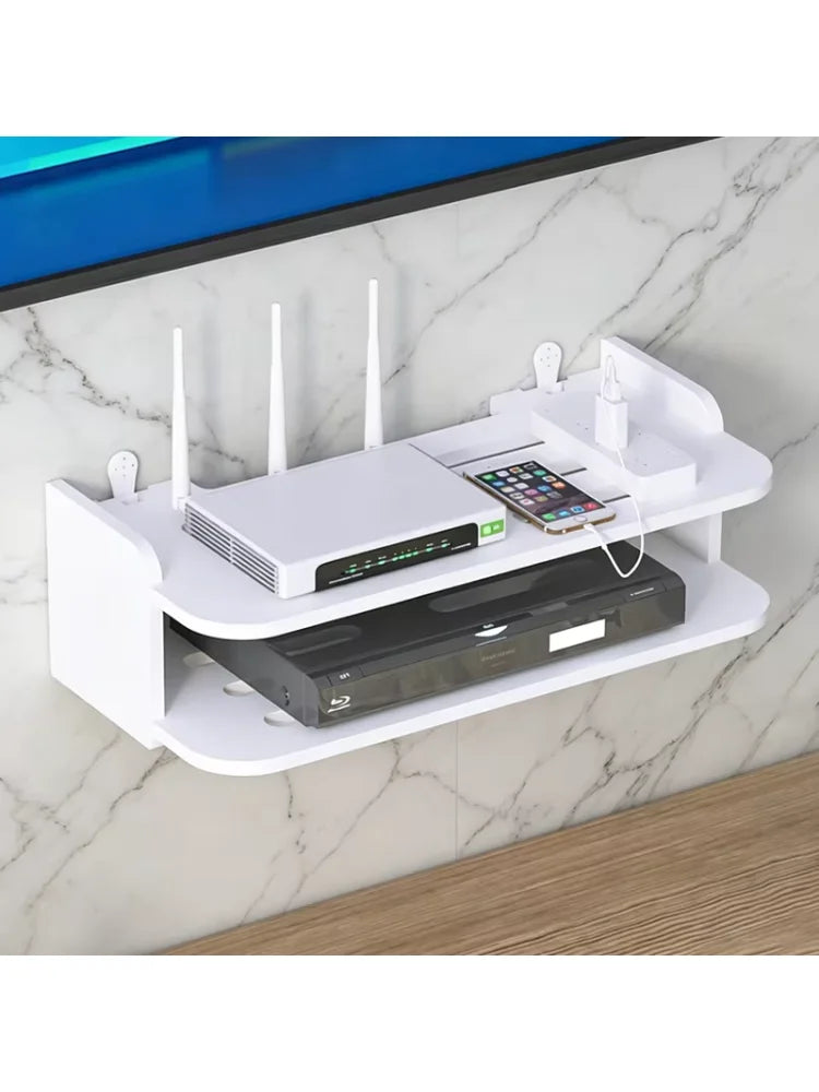 2 Tier Wall Mount Shelf No Drill Router TV Box Power Strips Floating Organizer Home Hanging Storage Cable Management with Hooks