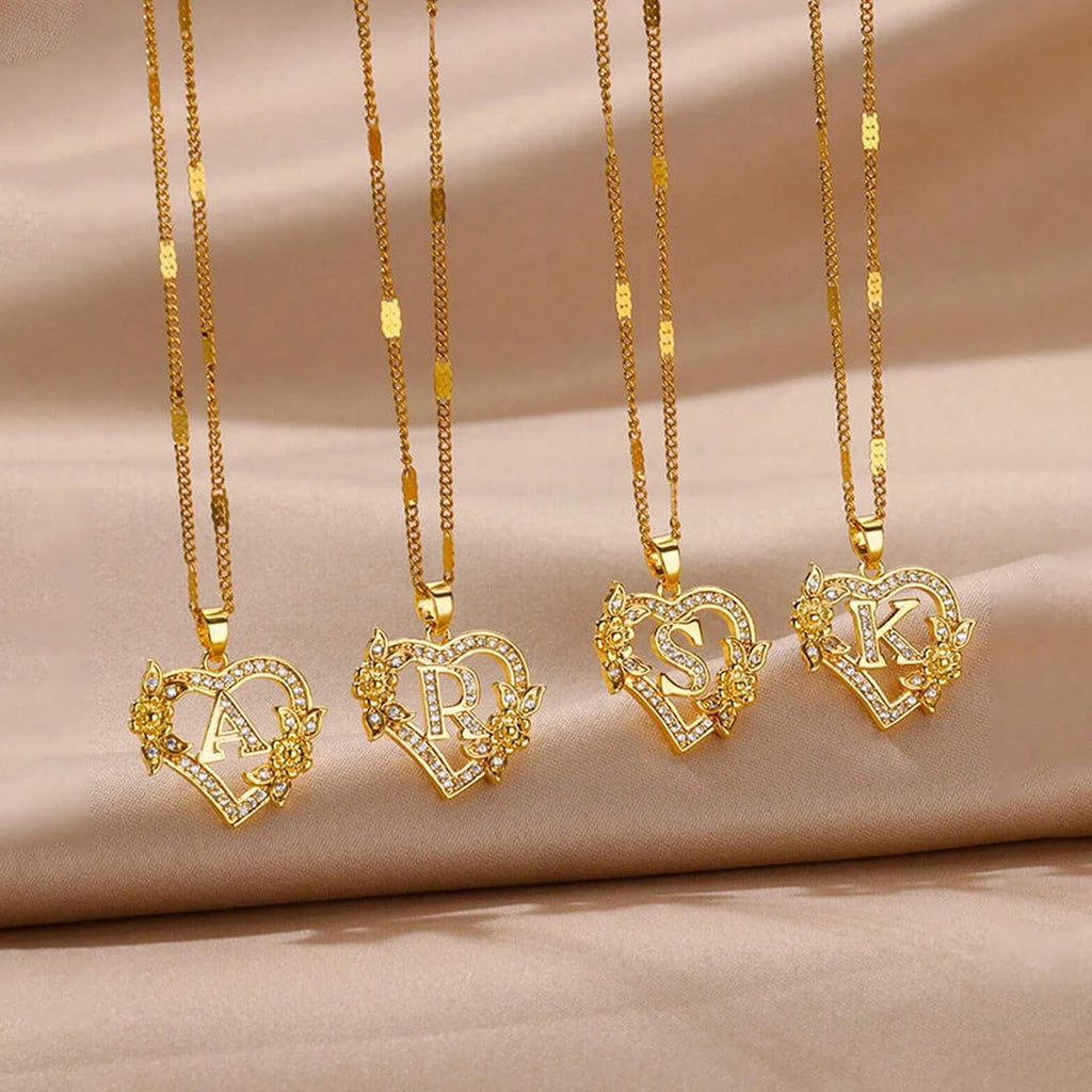 Heart Initial Letter Necklaces For Women Gold Color Stainless Steel Chain A-Z Alphabet Pendant Necklace Birthday Jewelry Gift