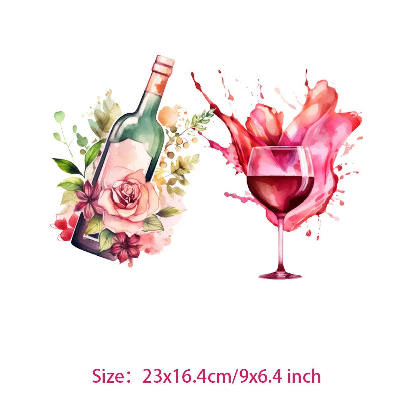 Interesting watercolor wine Glass flower Heat Transfer On Children's clothing dtf transfers ready to press iron on heat transfer