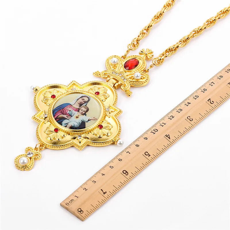Orthodox Church Jewelry Cross Necklace Jesus Virgin Mary Long Chain High Quality Religious Necklace Christian Gift for Priest