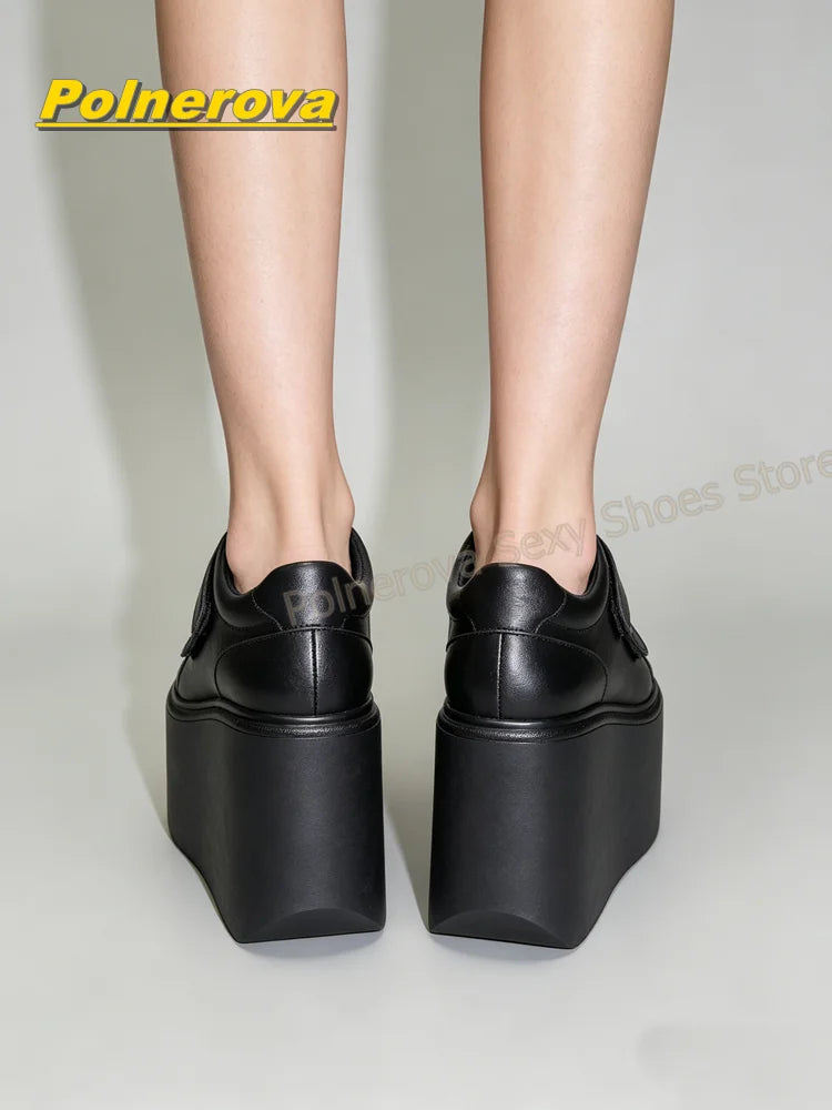 Hook and Loop Matte Wedge Platform Sneakers Round Toe Thick Sole