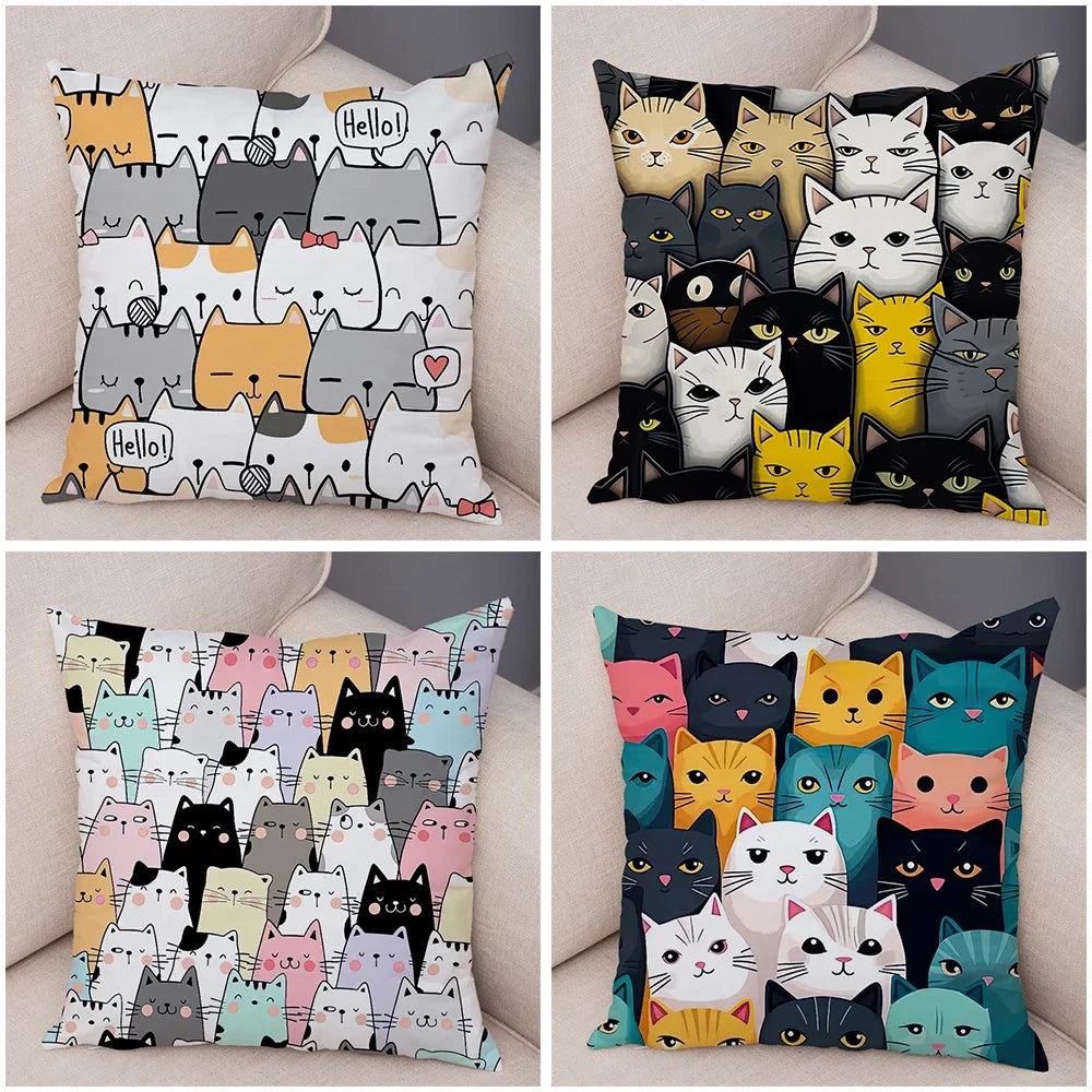 Cute Pet Hello Cat Cushion Cover Double Print Soft Plush Pillowcase for Sofa Home Car Decor Cartoon Animal Pillows Case 45x45cm
