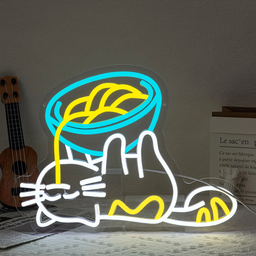 Ramen Cat Neon Sign, Bright LED for Restaurant and Cafe Decor, Japanese Kitchen Wall Art, Cat Lover Gift, Party Decoration