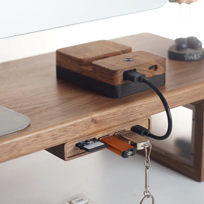 Black Walnut Wood USB Hub Under Desk Organizer Premium Desktop Riser Accessory with 3.0 Ports Multi-Device Charging Station