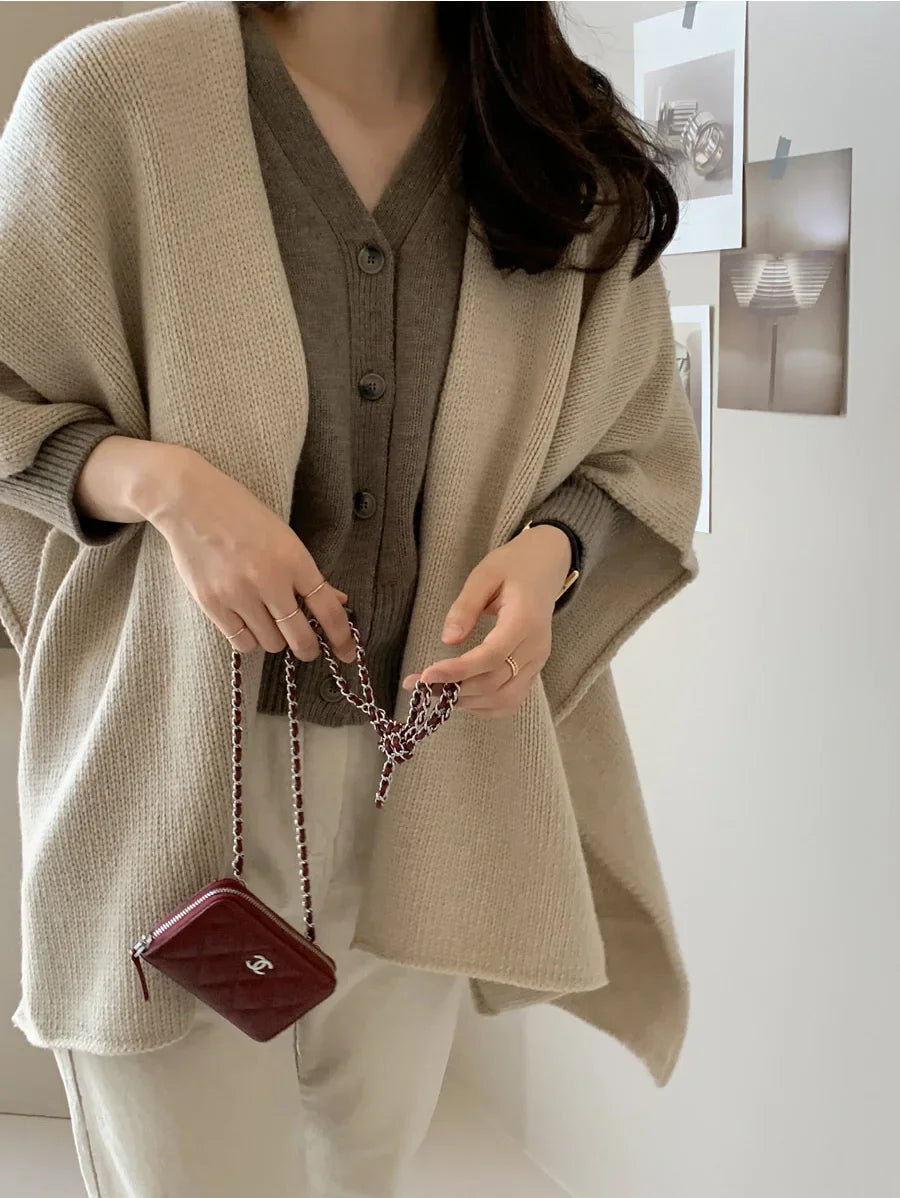 Fashion Elegant Knitted Shawl Jacket Korean Style Women's Casual Loose Warm Cloak Top Solid Color Knitted Cardigan Sweater Coats