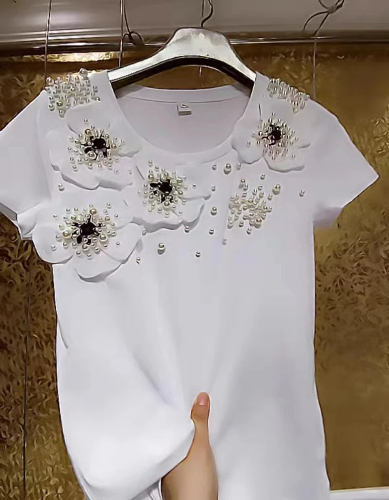 In Y2K Clothes Luxury Embroidered Flares White Cotton T Shirts for