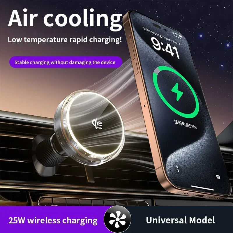 Car Magnetic Wireless Charger Qi2.2 25W Air Cooling RGB Light  Phone Holder For Magsafe iPhone 17 16 15 14 13 12 Fast Charging