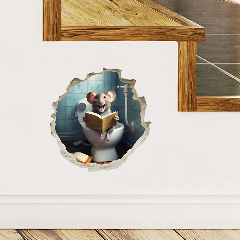Happily Mouse On Toilet in Mouse Hole Laptop Kids Room Bedroom Wall Sticker Decal Cartoon Home Decor Vinyl Art M797