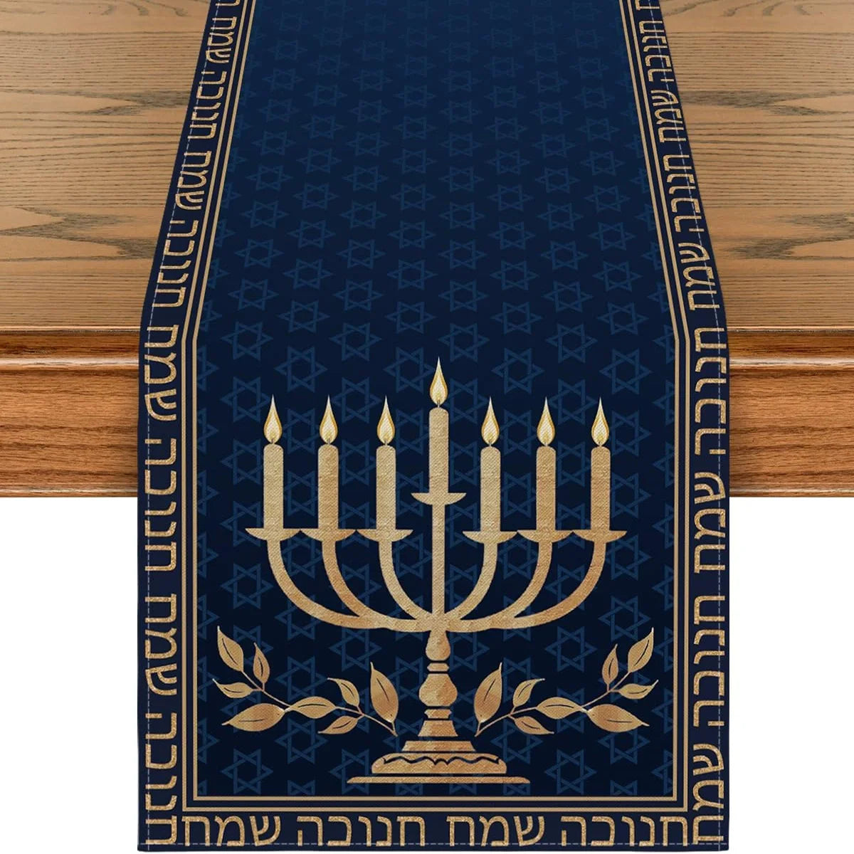 Menorah Hexagram Dreidel Hanukkah Table Runner, Chanukah Holiday Kitchen Dining Table Decoration for Home Party Decor