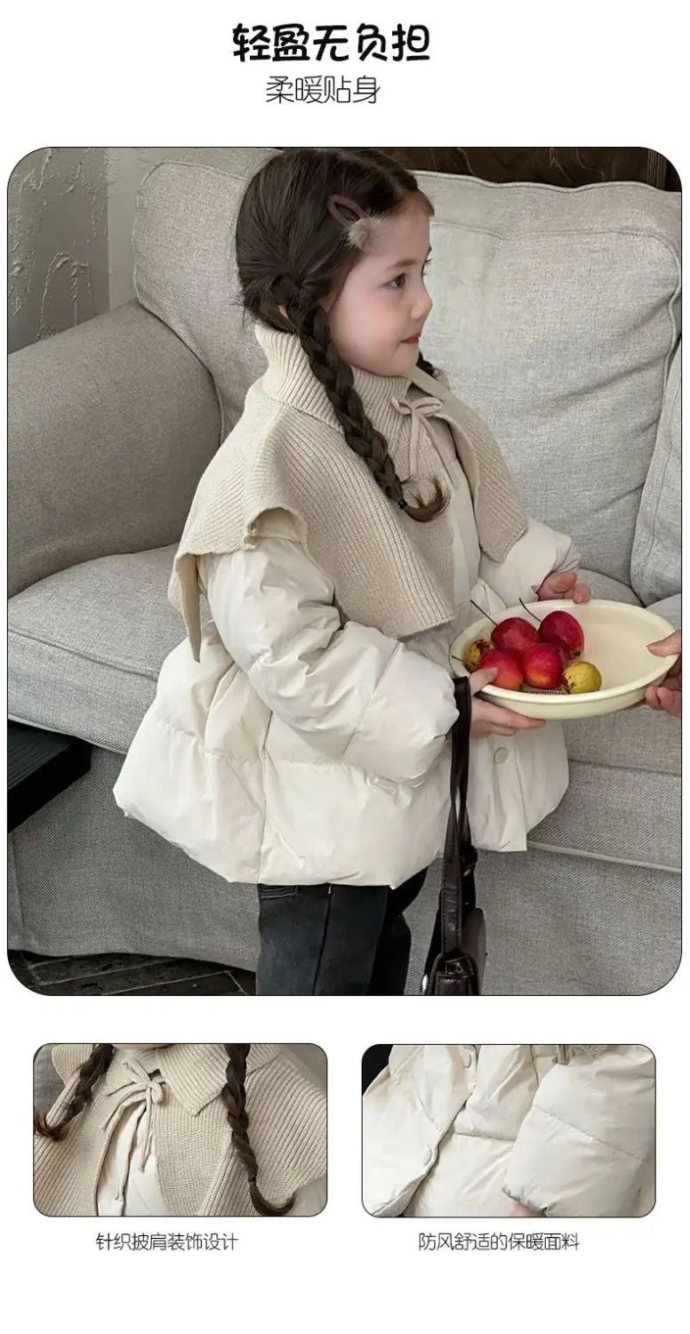 Beige/Red Girls Baby Winter Coats Knitted Shawl Thick Warm Jackets Fashion Kids Children Princess Clothes Overcoats Outerwear