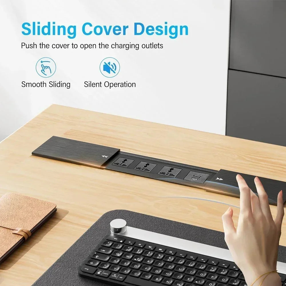 Universal Built-in Table Socket Slide Cover with USB Type-c Recessed Desktop Electrical Socket EU UK AU US Plug Wireless Charger
