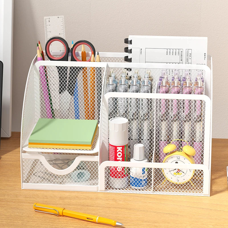 Mesh Desk Organizer Office with 7 Compartments with Drawer Desk Tidy Candy Pen Holder Multifunctional Organizer