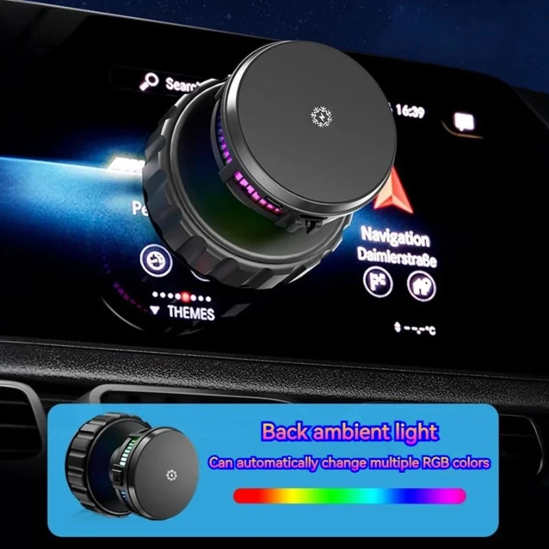 15W Car Magnetic Wireless Charger Phone Stand, Suction Cup with Semiconductor Cooling & Colorful Ambient Lights, 360° Rotatable