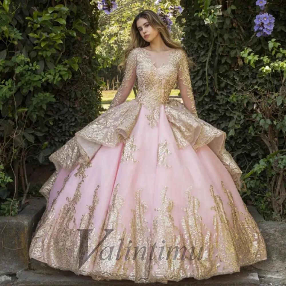 Valintimu Luxurious O-neckline Quinceanera Dresses for Girl Long Sleeves Lace Appliques Corset Vestidos De 15 Anos Customized