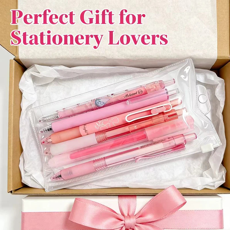 Cute Pink Retractable Gel Pens Highlighter Set 0.5mm Black