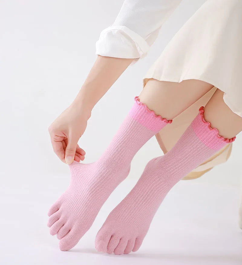 New Splicing Color Ruffle Edge Five Toe Socks For Women Sweet INS 5 Fingers Middle Tube Socks Soft Cotton Elastic Split Toe Sock