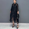 Loose Fit Chic New 2024 Summer Woman Solid Black Organza Dress Unique Wear Korean Style Large Mesh Dress Big Size Robe JJXD806