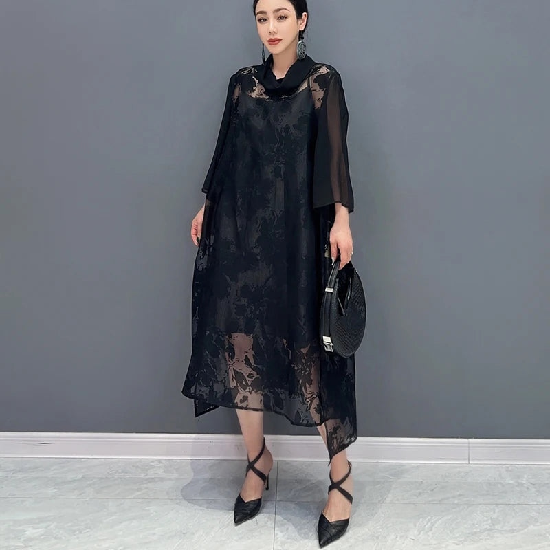Loose Fit Chic New 2024 Summer Woman Solid Black Organza Dress Unique Wear Korean Style Large Mesh Dress Big Size Robe JJXD806