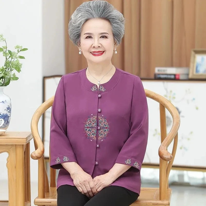 Elderly People Shirts New Spring Summer Three Quarter Sleeve Grandma Blouse Middle Age Women Cardigan Shirt Embroidery Blusa 5XL