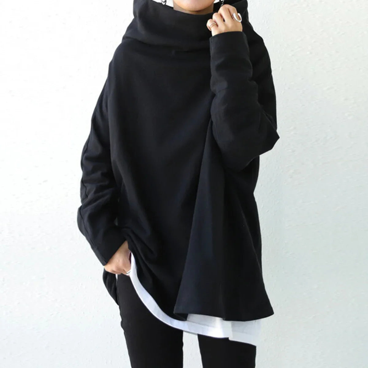 Missuoo Women's Black Turtleneck Oversized Blouse 2026 Summer Casual Loose Long Sleeve Asymmetric Hem T-shirt Top