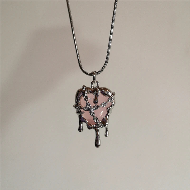 Kpop Vintage Pink Heart Bowknot Pendant Stainless Steel Snake