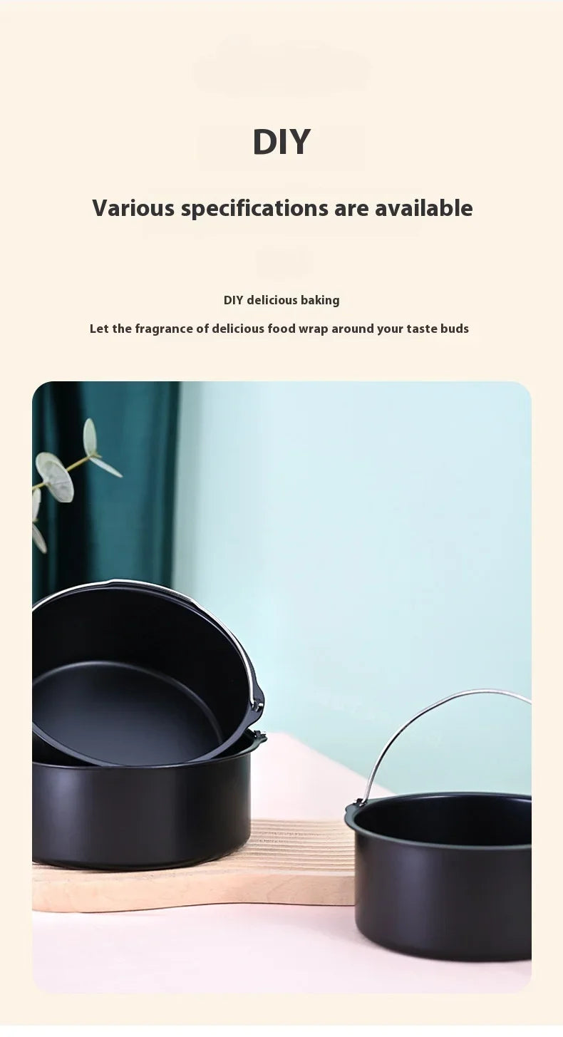 8-inch Round Hand-Held Nonstick Thickening Carbon Steel Air Fryer Cake Basket Baking Mold Barrel Household Baking Accessories