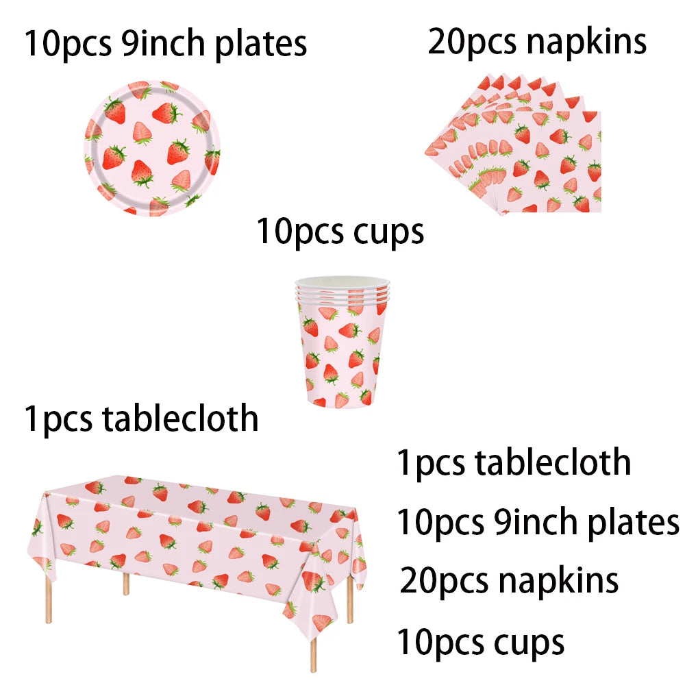 Strawberry Sets Birthday Decoration Party Disposable Paper Napkins Cups Plates Tablecloths Party Supplies