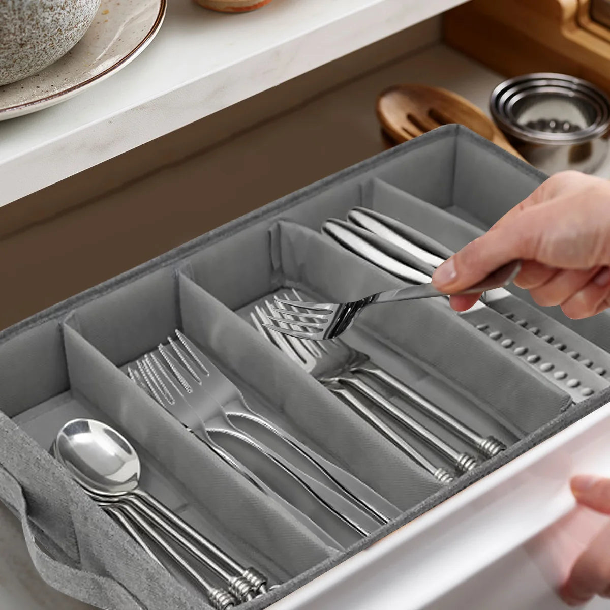 Flatware Storage Case with PVC Lid 5 Compartment Foldable Utensil Storage Box Silverware Storage Box Chest Portable Cutlery Box