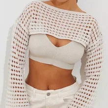 Women Y2K Crochet Knit Hollow Out Crop Top Long Flared Sleeve